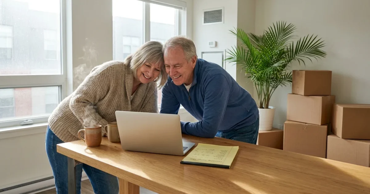 A retiree couple in a bright, modern condo looking at a laptop and savings plan, suggesting financial freedom after downsizing.