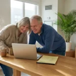 A retiree couple in a bright, modern condo looking at a laptop and savings plan, suggesting financial freedom after downsizing.