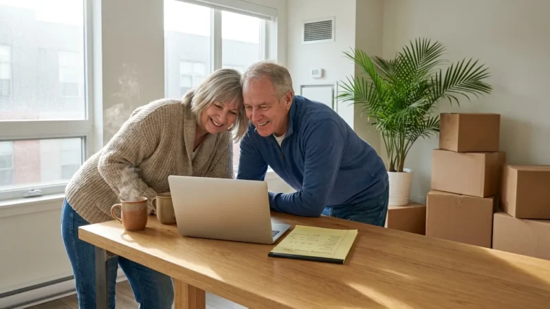 A retiree couple in a bright, modern condo looking at a laptop and savings plan, suggesting financial freedom after downsizing.