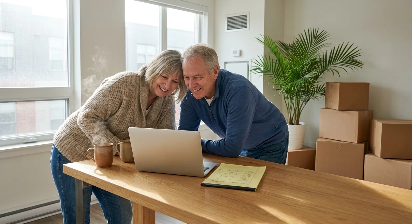A retiree couple in a bright, modern condo looking at a laptop and savings plan, suggesting financial freedom after downsizing.
