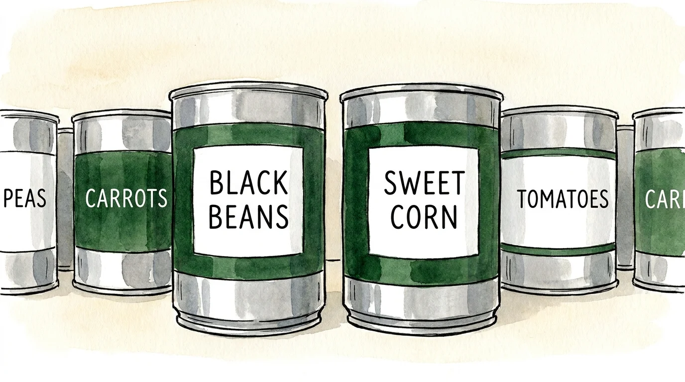 A row of generic canned vegetables including black beans and sweet corn.