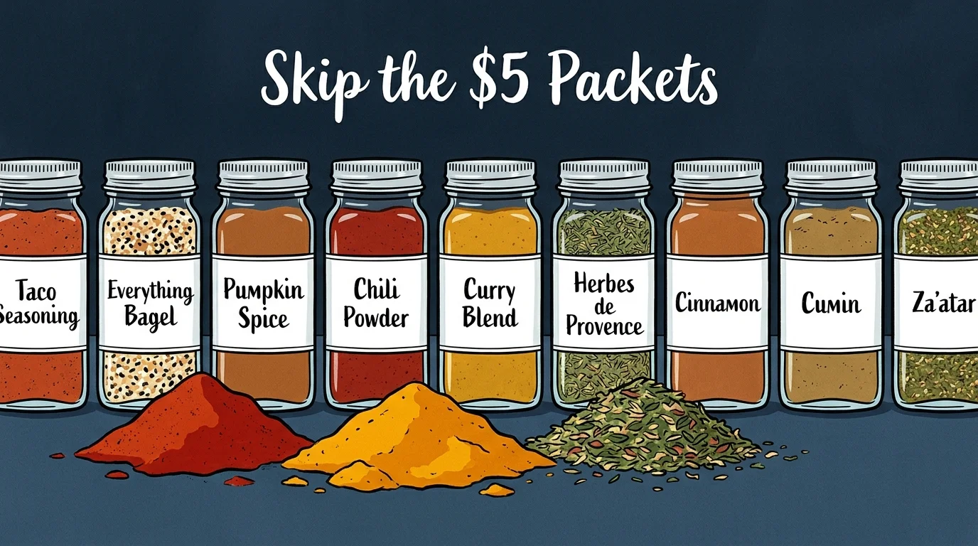A row of labeled spice jars like Taco Seasoning and Pumpkin Spice, with colorful piles of loose spices in front.