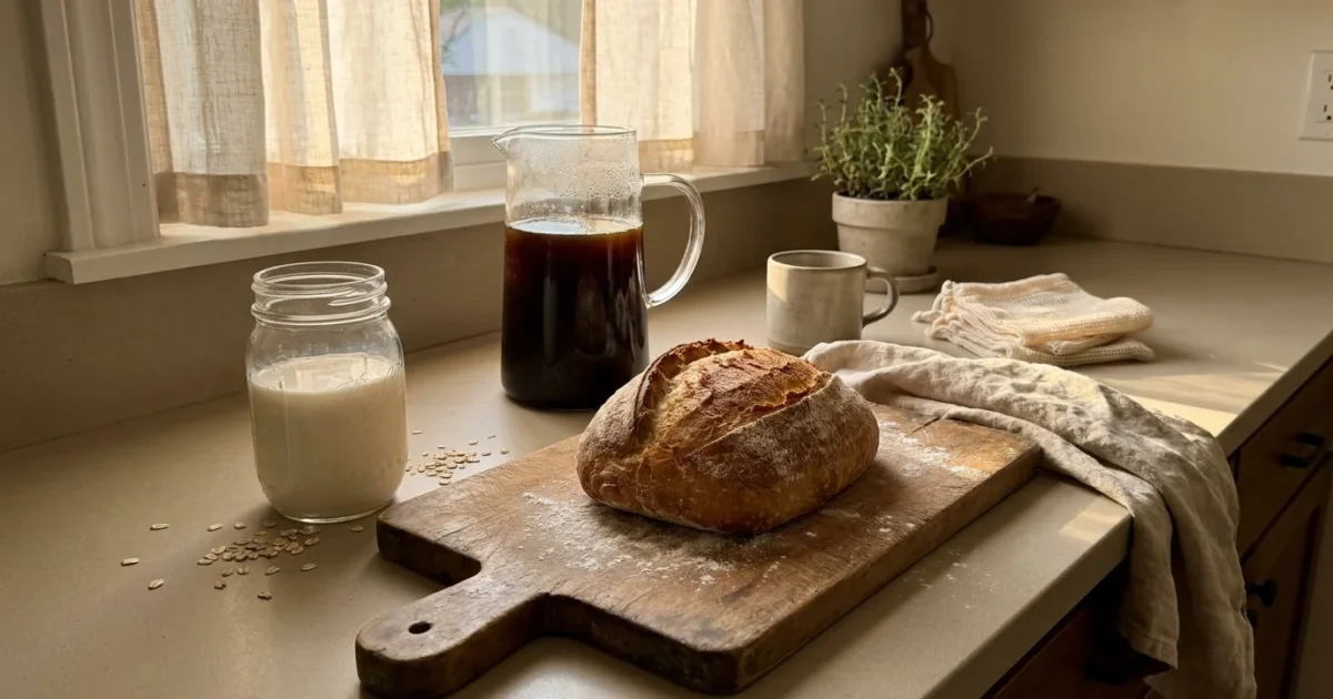A rustic kitchen counter with homemade bread, a jar of oat milk, and a pitcher of cold brew coffee in soft morning sunlight.