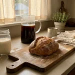 A rustic kitchen counter with homemade bread, a jar of oat milk, and a pitcher of cold brew coffee in soft morning sunlight.