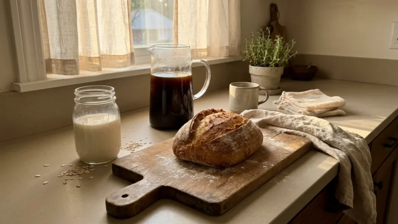A rustic kitchen counter with homemade bread, a jar of oat milk, and a pitcher of cold brew coffee in soft morning sunlight.