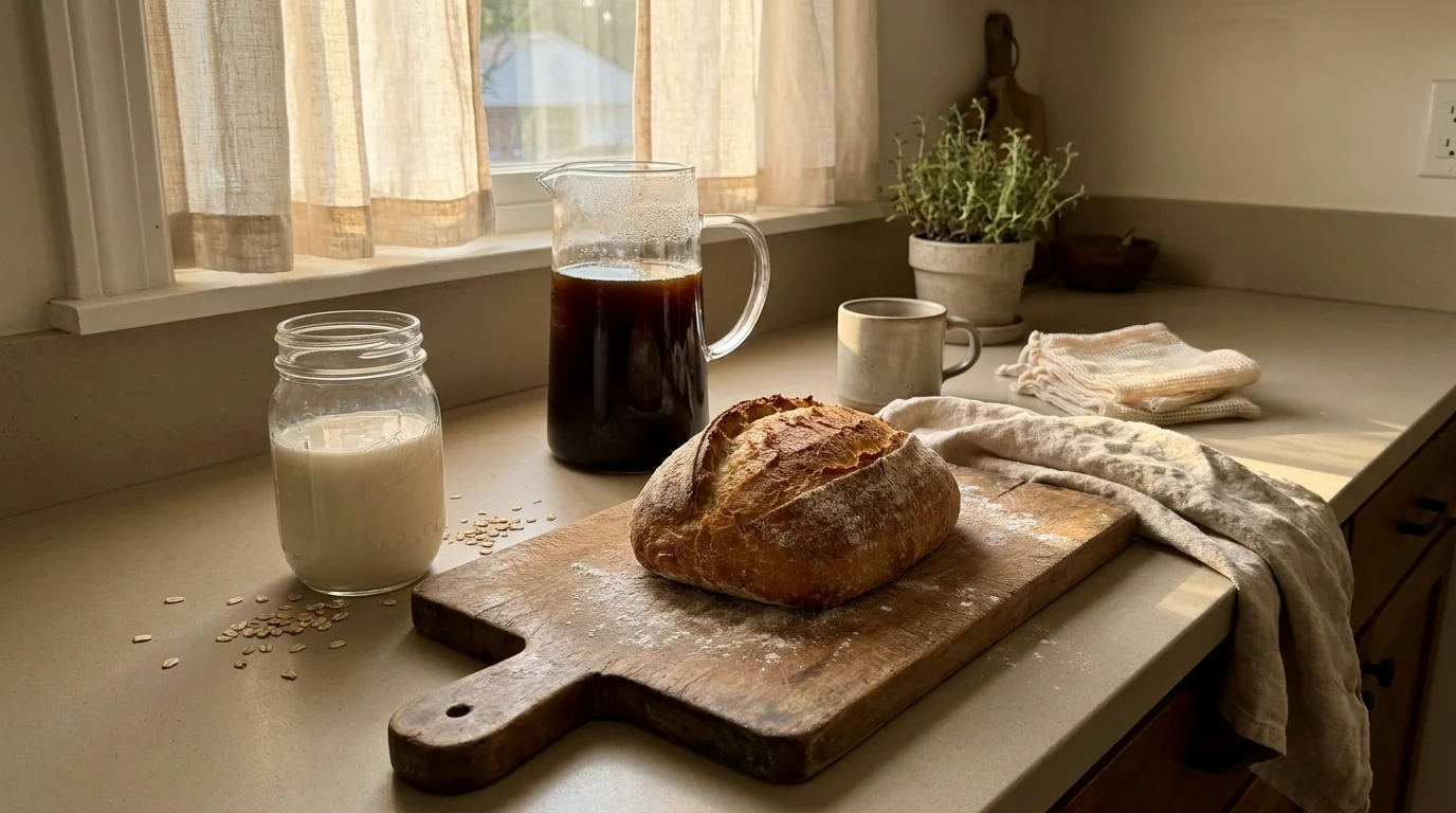 A rustic kitchen counter with homemade bread, a jar of oat milk, and a pitcher of cold brew coffee in soft morning sunlight.