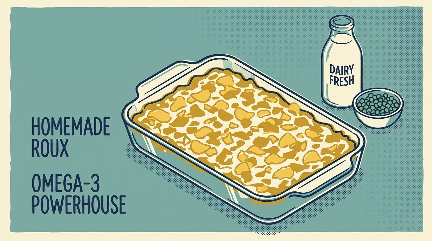 A screenprint illustration of a tuna noodle casserole with labels highlighting its healthy and homemade ingredients.