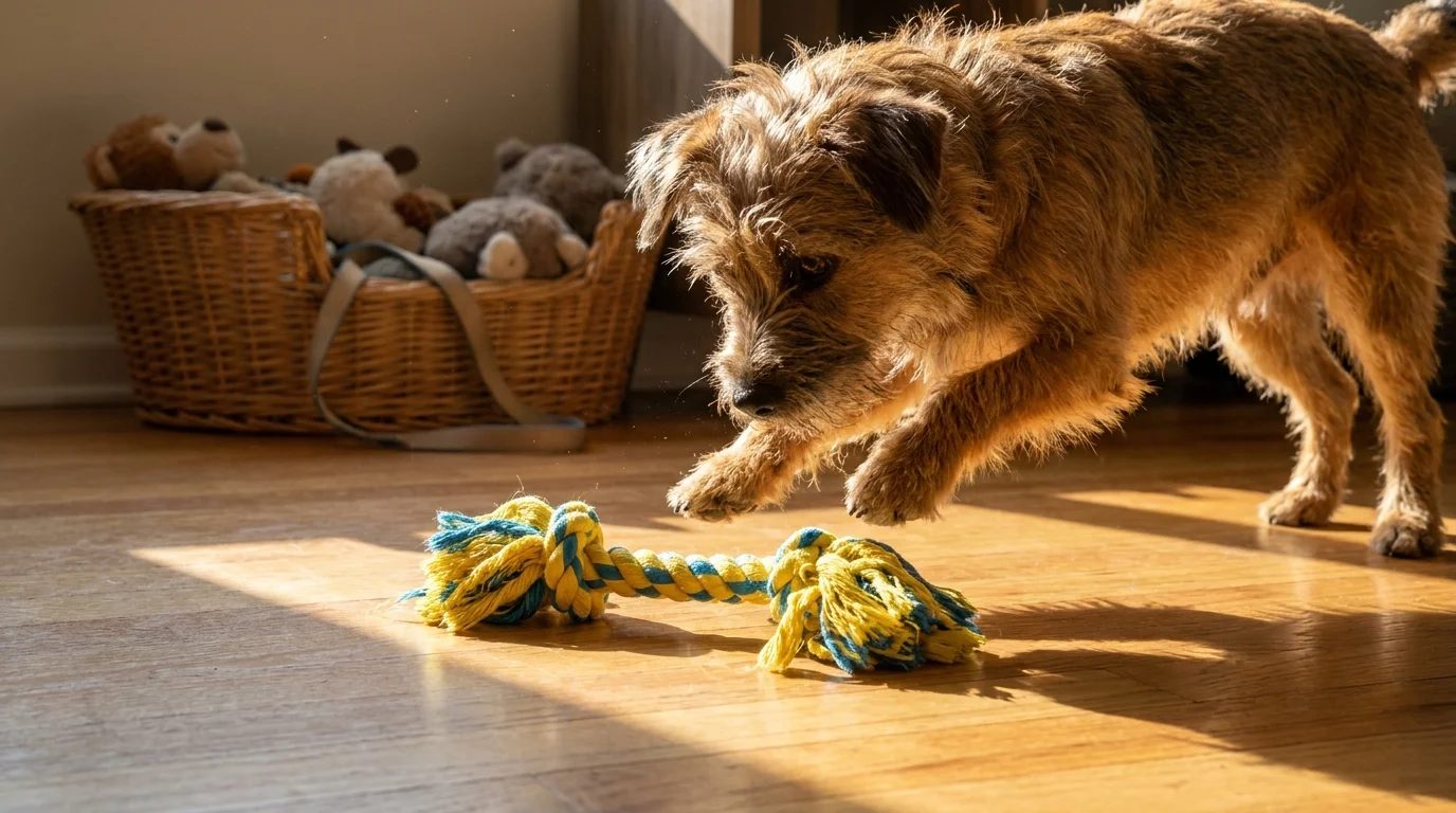 A scruffy dog playing with a braided rope toy on a hardwood floor in the afternoon sun.
