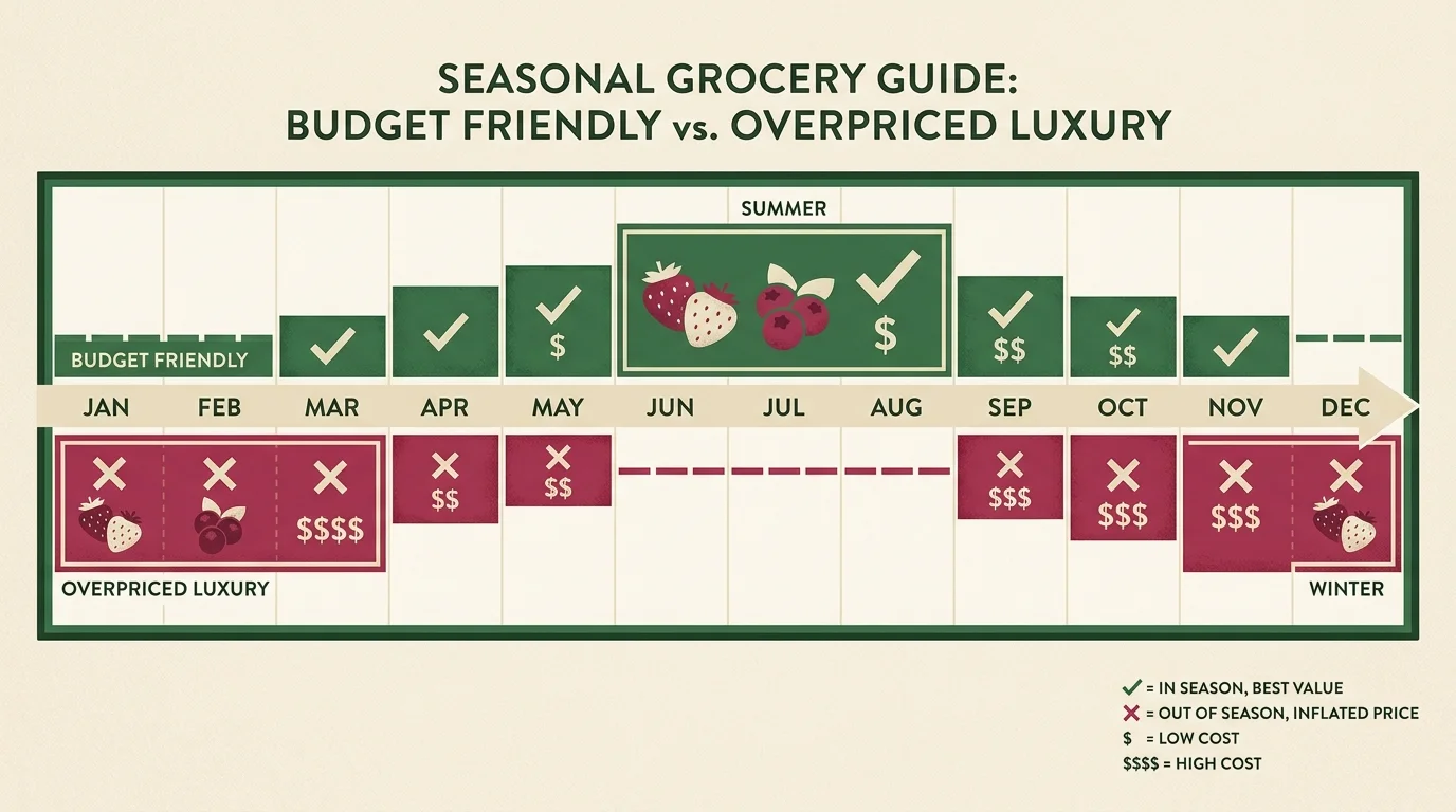 A seasonal calendar infographic showing that berries are cheap in summer but overpriced in winter.