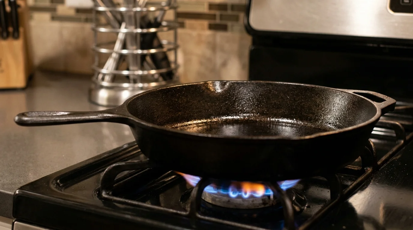 A seasoned black cast iron skillet on a gas stove, showing its durable, non-stick surface.