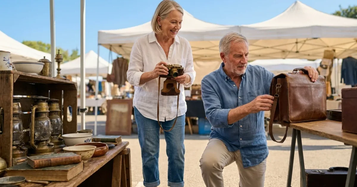 A senior couple browsing high-quality secondhand items at an outdoor flea market in the morning sun.