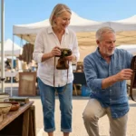 A senior couple browsing high-quality secondhand items at an outdoor flea market in the morning sun.