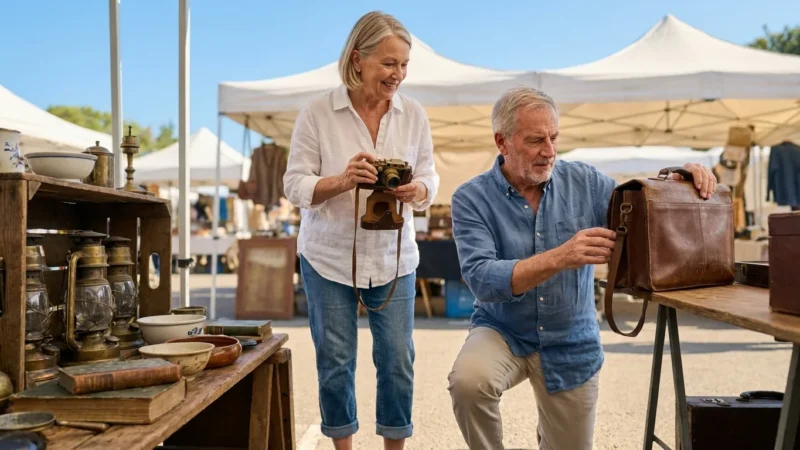 A senior couple browsing high-quality secondhand items at an outdoor flea market in the morning sun.