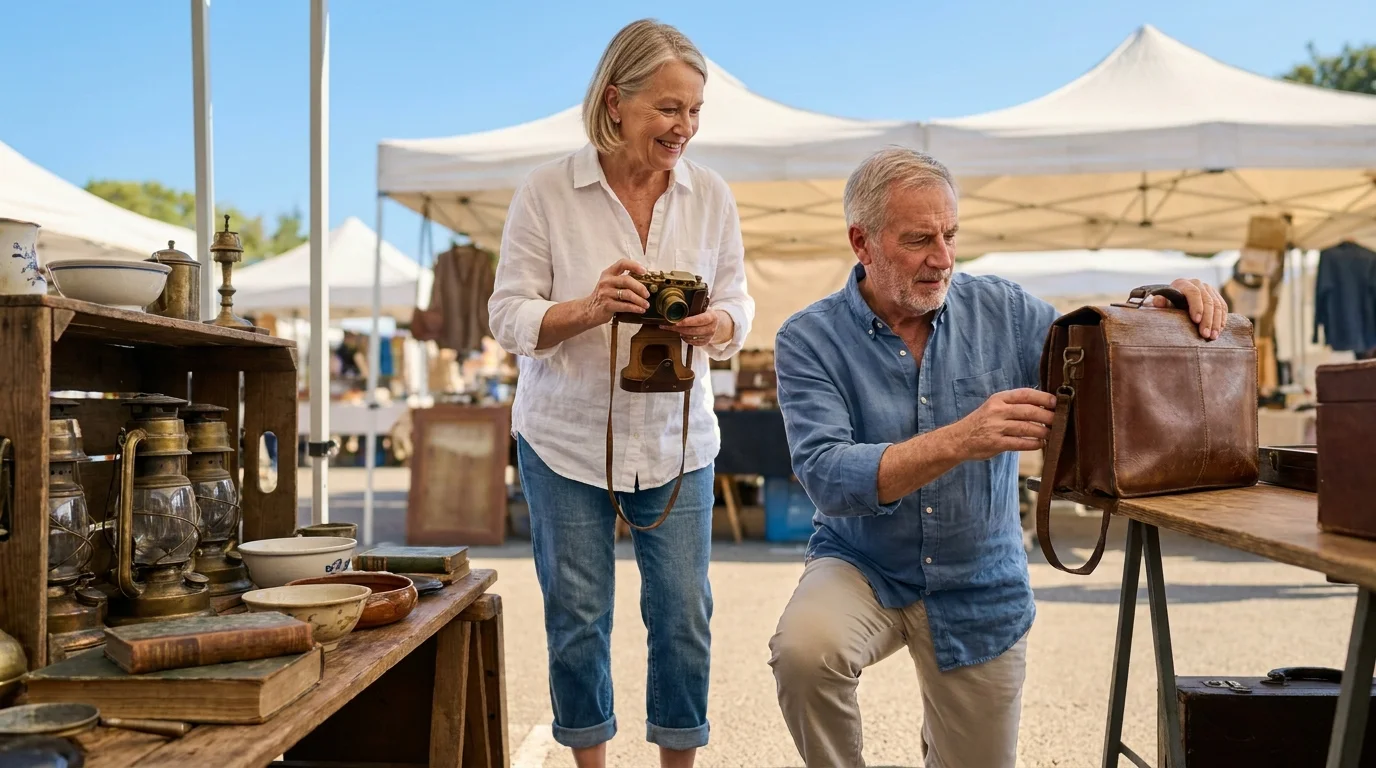 A senior couple browsing high-quality secondhand items at an outdoor flea market in the morning sun.