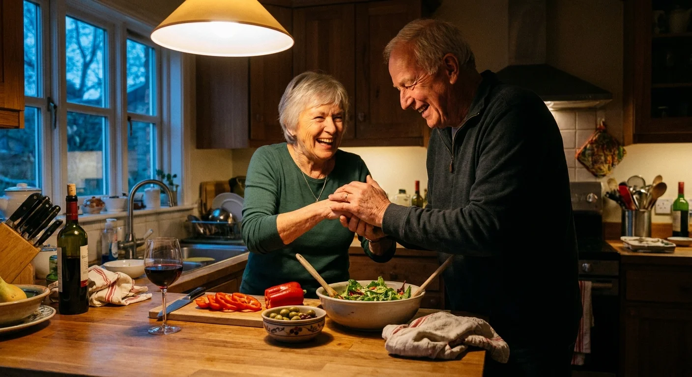 A senior couple laughs while preparing a healthy meal together in their home kitchen at sunset.