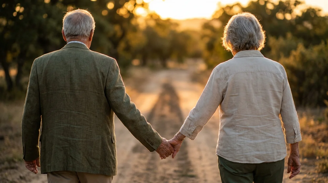 A senior couple walks together on a sunlit path, representing the long-term peace and security of a well-managed retirement.