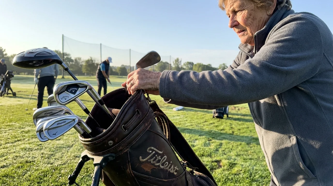 A senior golfer selecting a club from a bag of high-quality pre-owned golf clubs at a driving range.