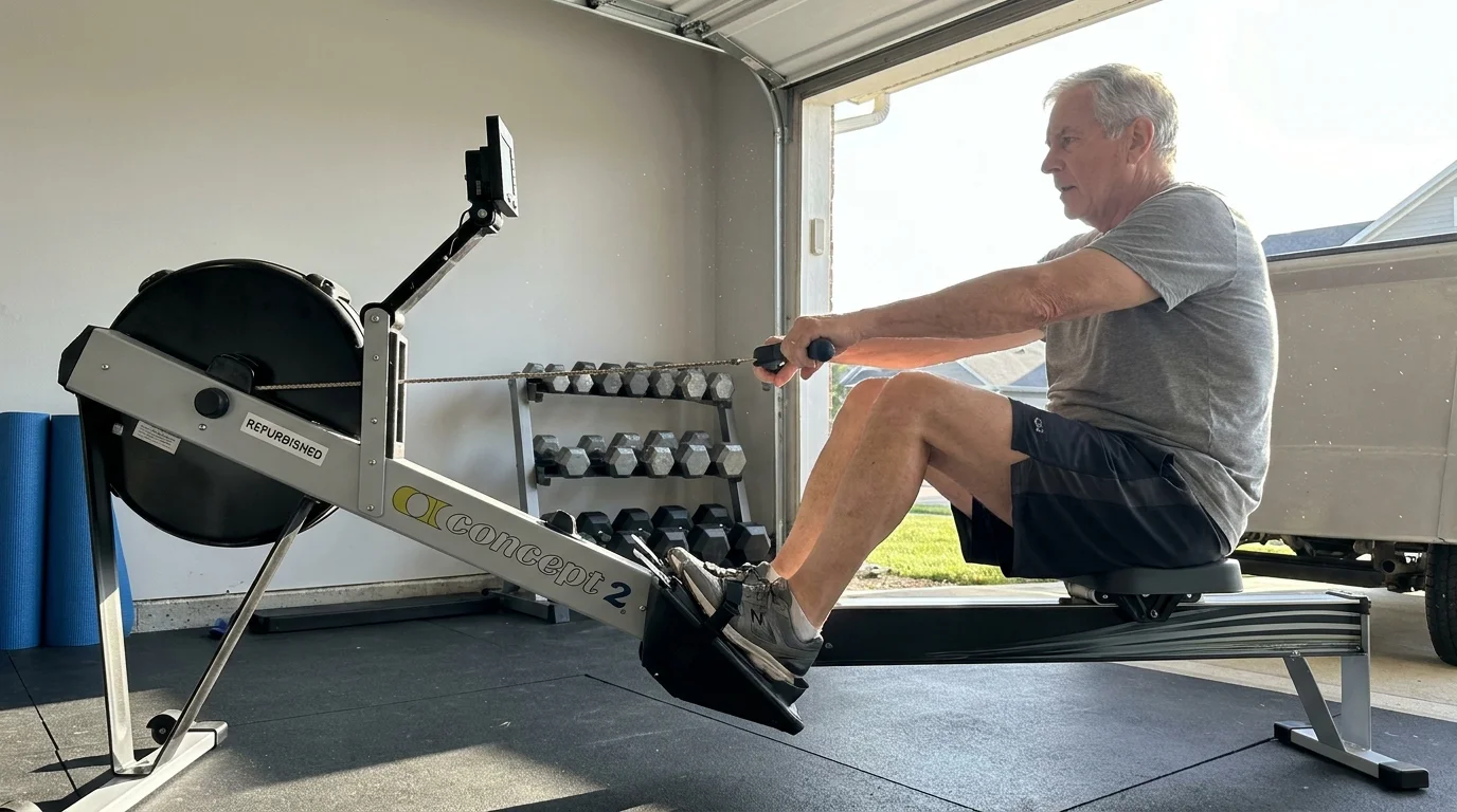 A senior man exercising on a refurbished rowing machine in his home garage gym.