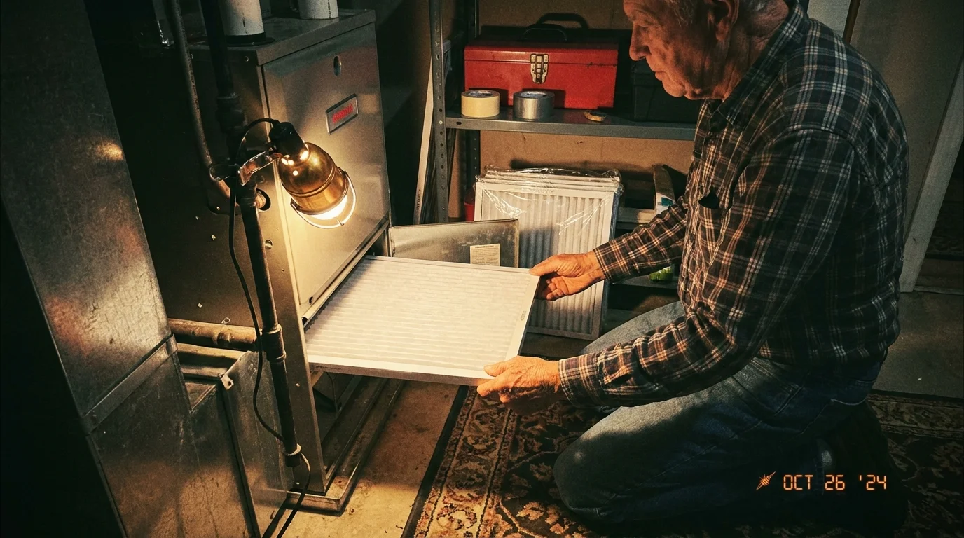 A senior man replaces a furnace filter in his home, demonstrating a simple task that prevents costly repairs later.