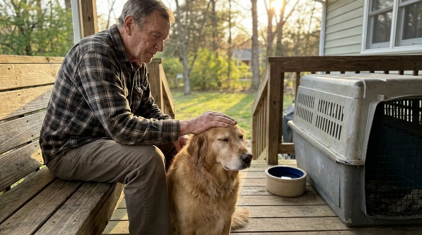 A senior man sitting on a porch with his adopted adult dog and some secondhand pet supplies.