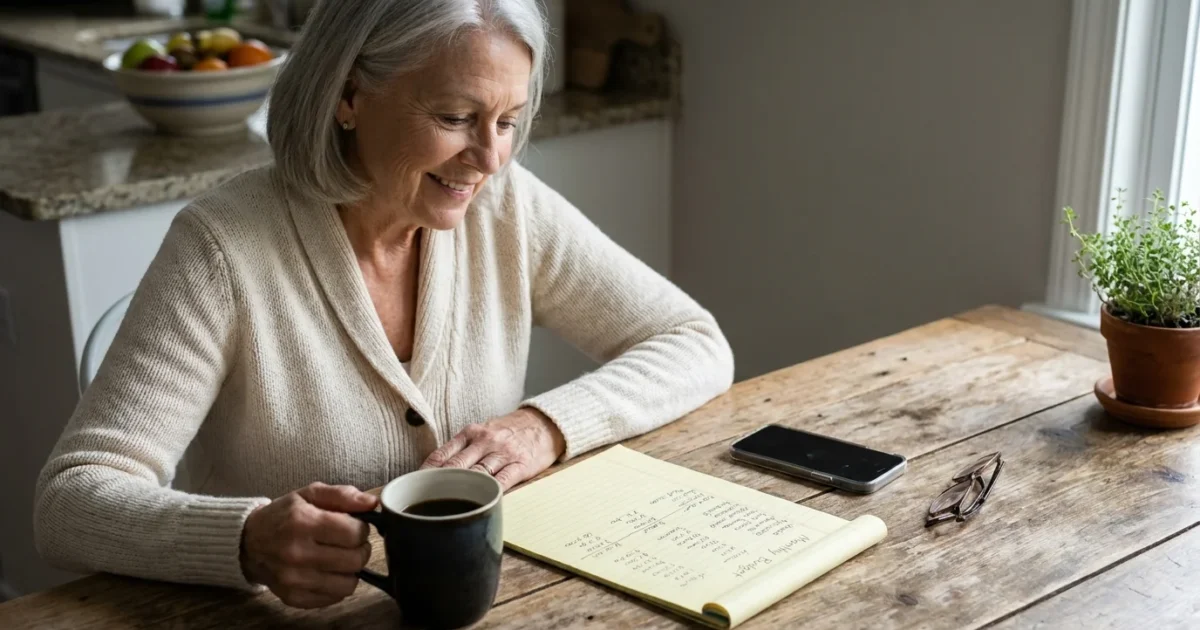 A senior woman calmly reviews her monthly budget at a sunlit kitchen table, symbolizing financial control and peace of mind.