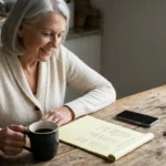 A senior woman calmly reviews her monthly budget at a sunlit kitchen table, symbolizing financial control and peace of mind.