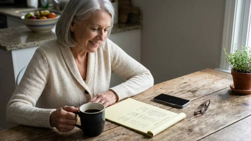 A senior woman calmly reviews her monthly budget at a sunlit kitchen table, symbolizing financial control and peace of mind.
