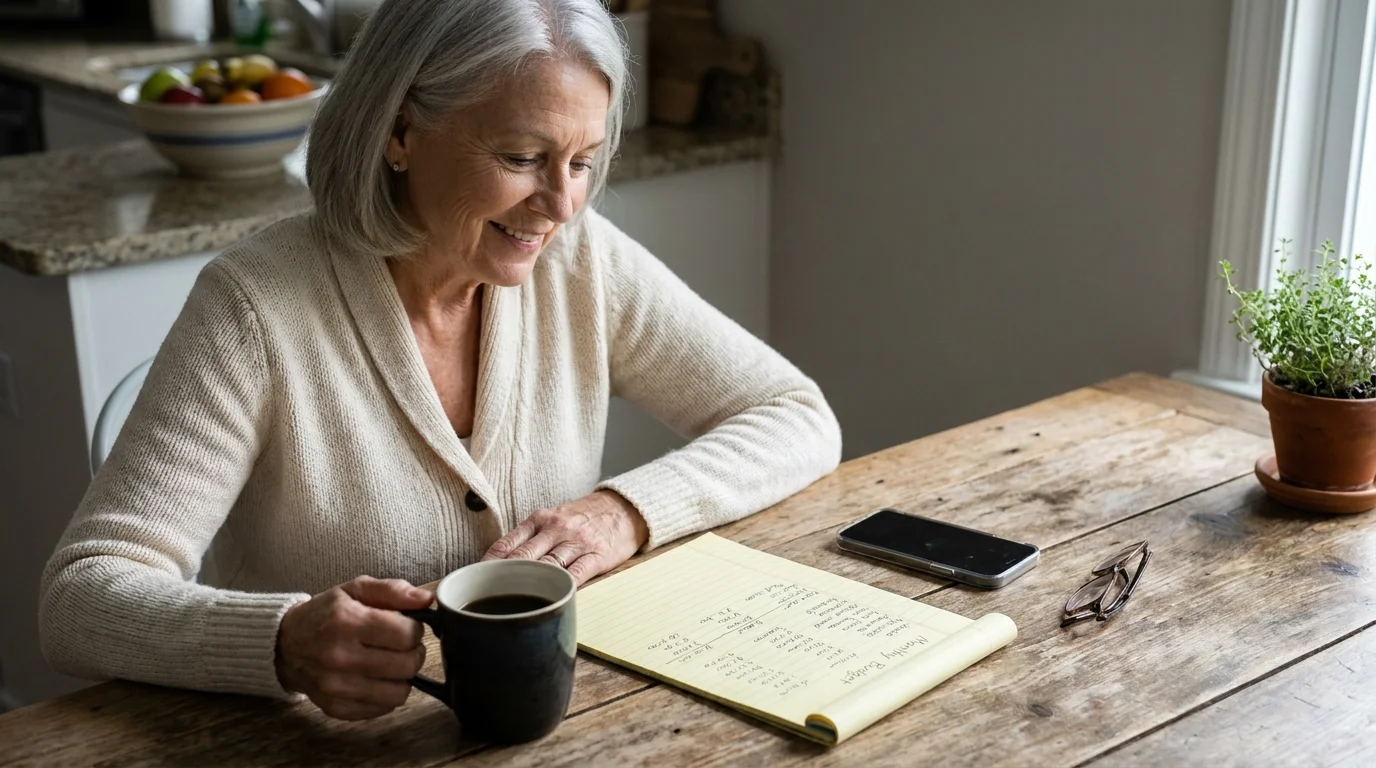A senior woman calmly reviews her monthly budget at a sunlit kitchen table, symbolizing financial control and peace of mind.