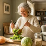 A senior woman prepares a healthy meal in her sunny, comfortable kitchen surrounded by fresh, affordable grocery staples.