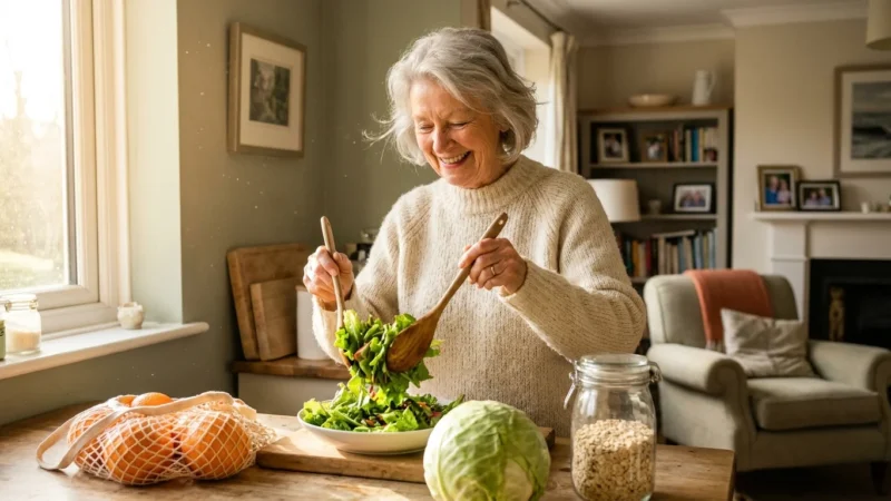 A senior woman prepares a healthy meal in her sunny, comfortable kitchen surrounded by fresh, affordable grocery staples.