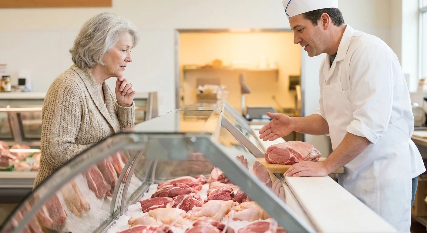 A senior woman talking with a butcher behind a meat counter, negotiating a custom cut and price.
