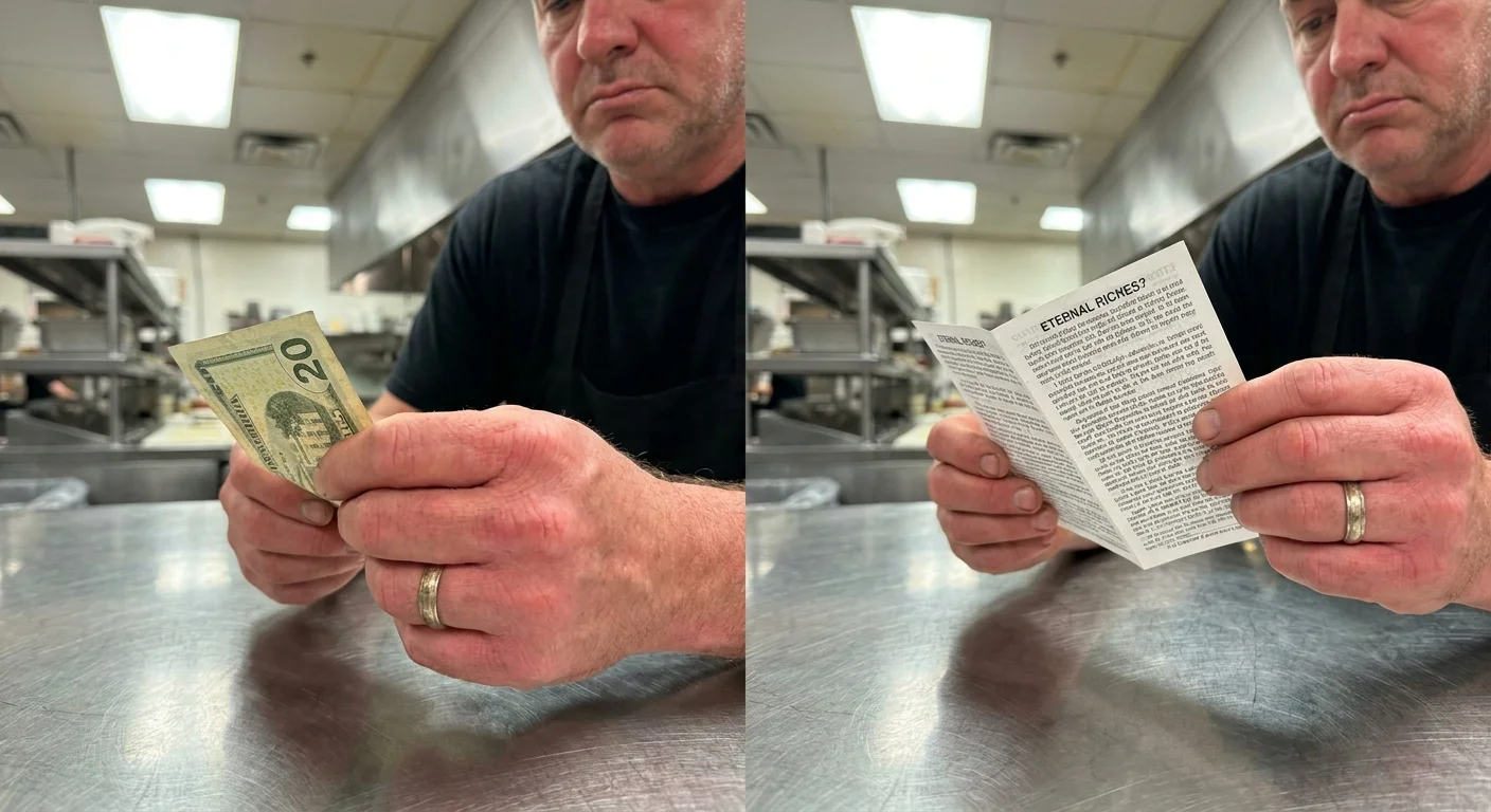 A server's hand unfolding a fake twenty-dollar bill that is actually a religious pamphlet.