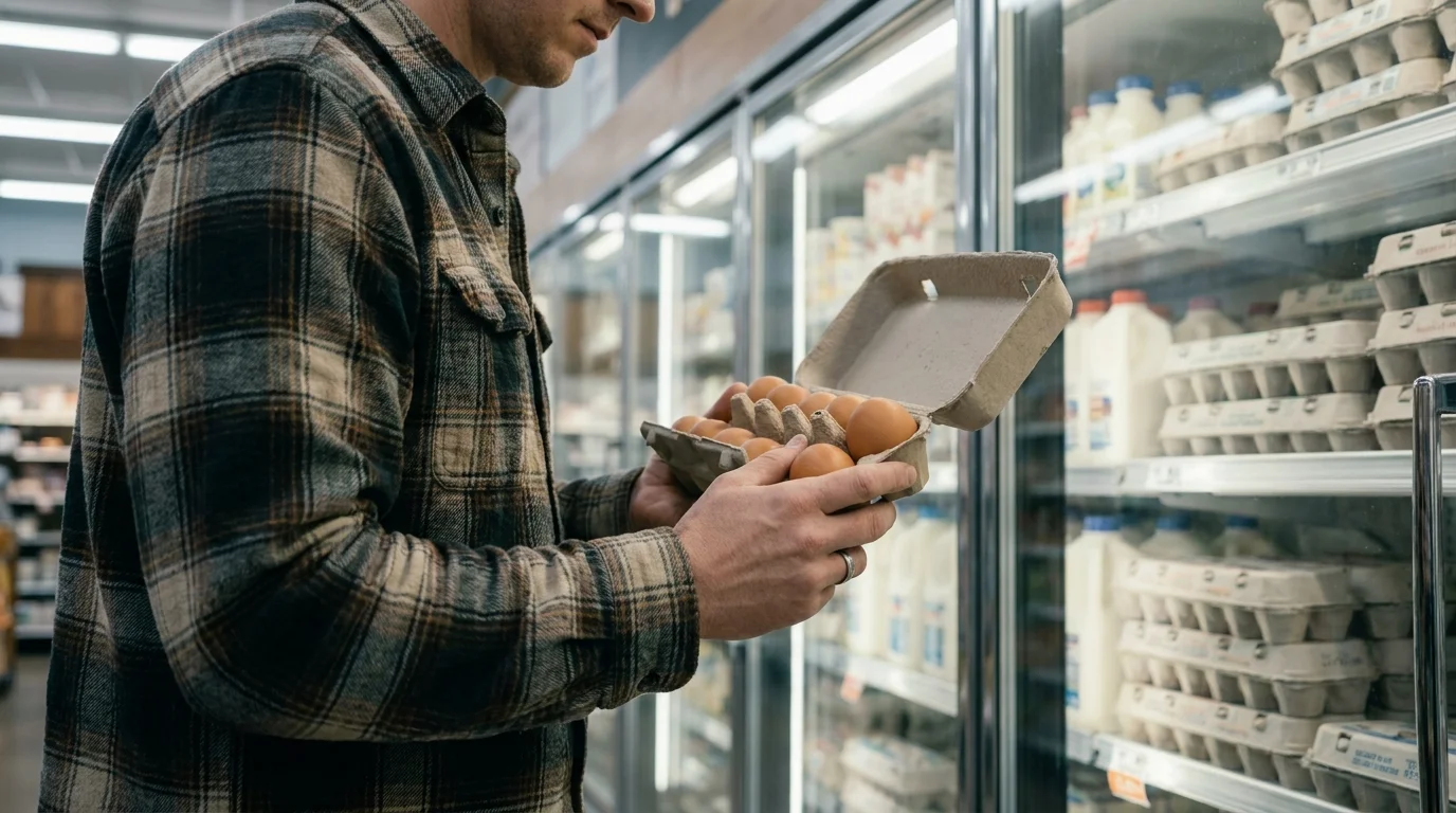 A shopper in a flannel shirt inspecting a carton of brown eggs in a grocery store aisle.