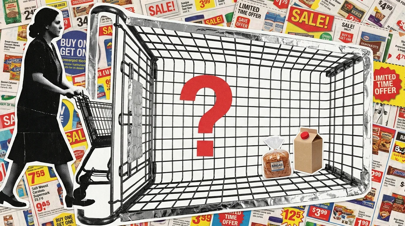 A silhouette of a person pushing a giant shopping cart containing only two small items, representing the urge to overspend.