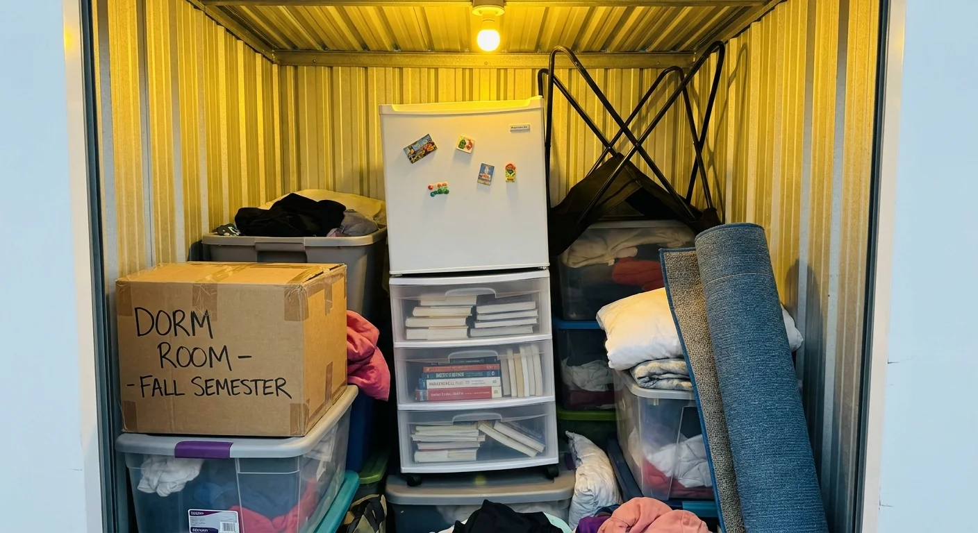 A small storage unit packed with a mini-fridge, a rolling cart, and boxes labeled for a college dorm.