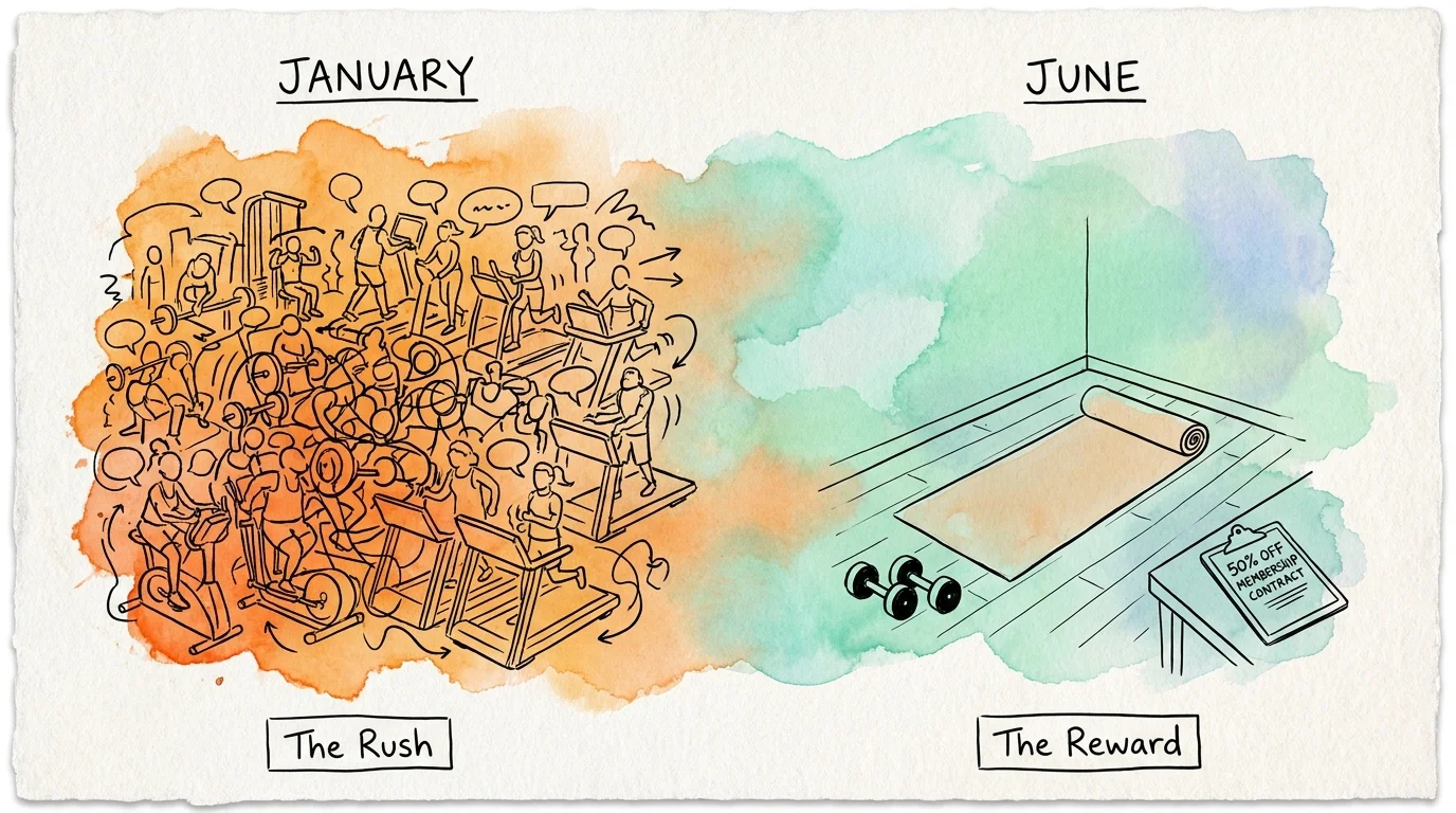 A split-screen illustration comparing a crowded gym in January with a calm, discounted home gym setup in June.