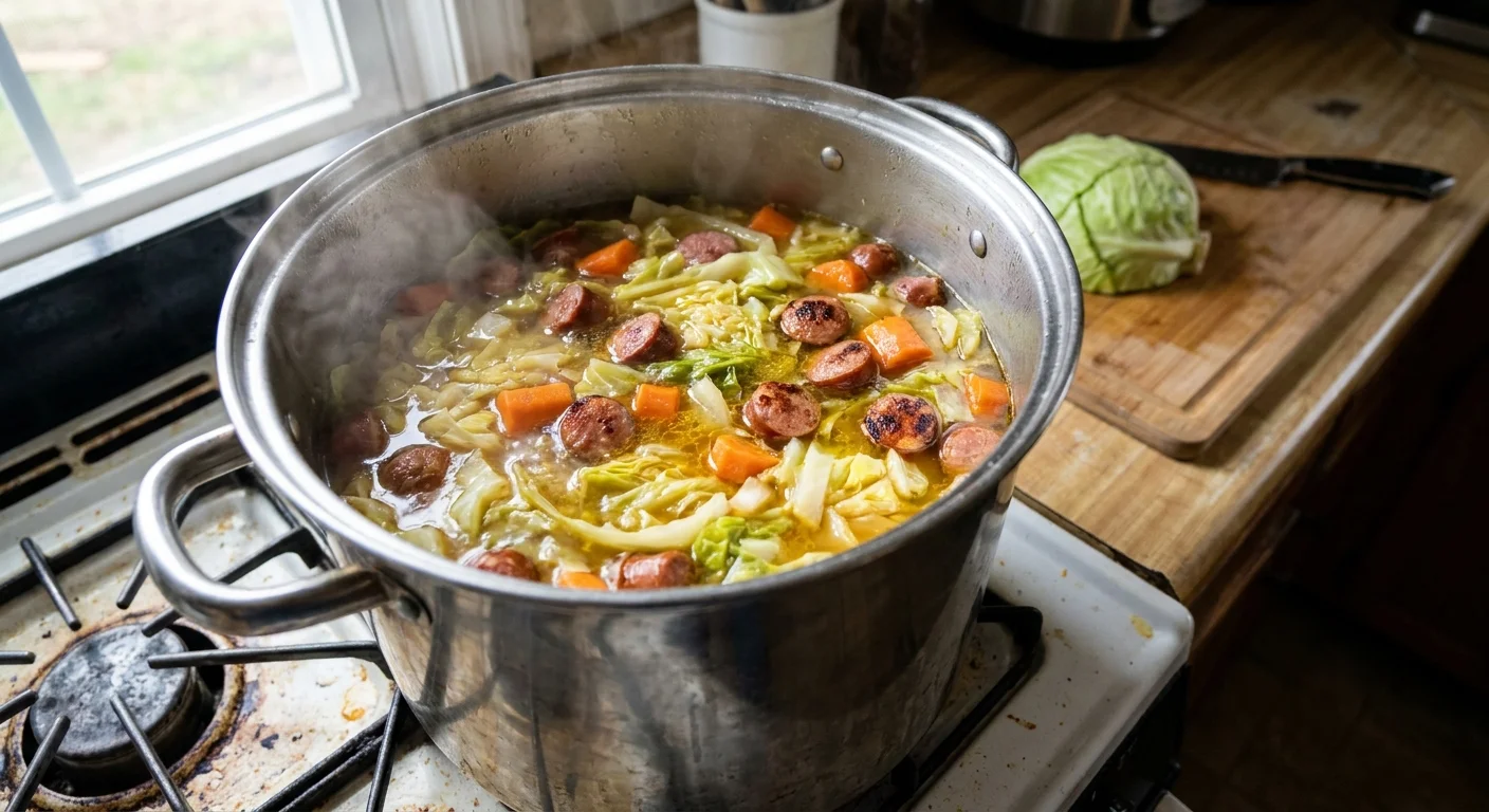 A steaming pot of cabbage and sausage stew simmering on a kitchen stove, shown in a candid snapshot style.