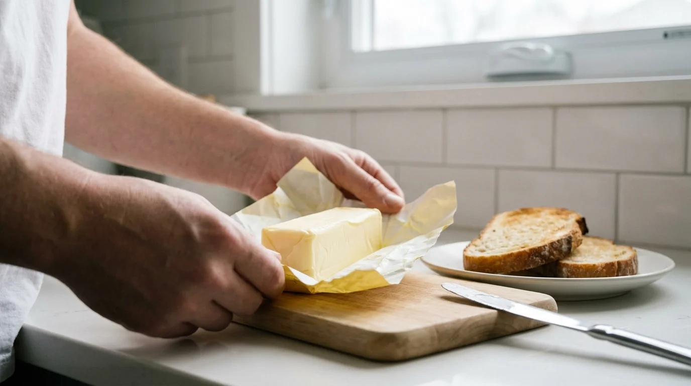 A stick of butter being unwrapped on a wooden board next to two slices of toast.