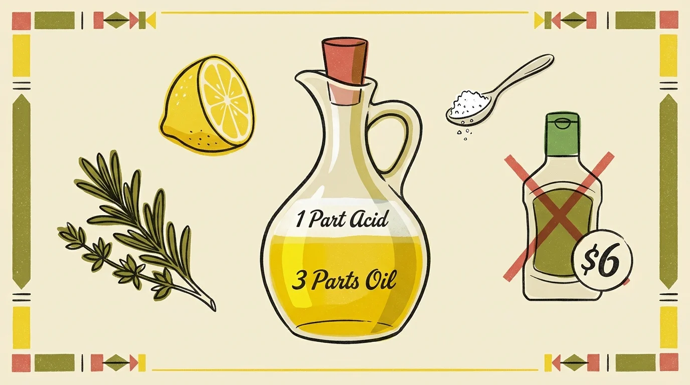 A stylized drawing of a dressing bottle showing the 3 parts oil to 1 part acid ratio next to a rejected 6 dollar store bottle.