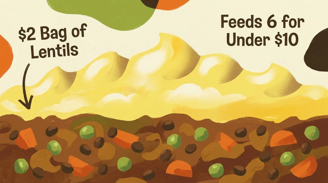 A stylized gouache illustration of a lentil shepherd's pie with text labels showing the low cost and high yield.
