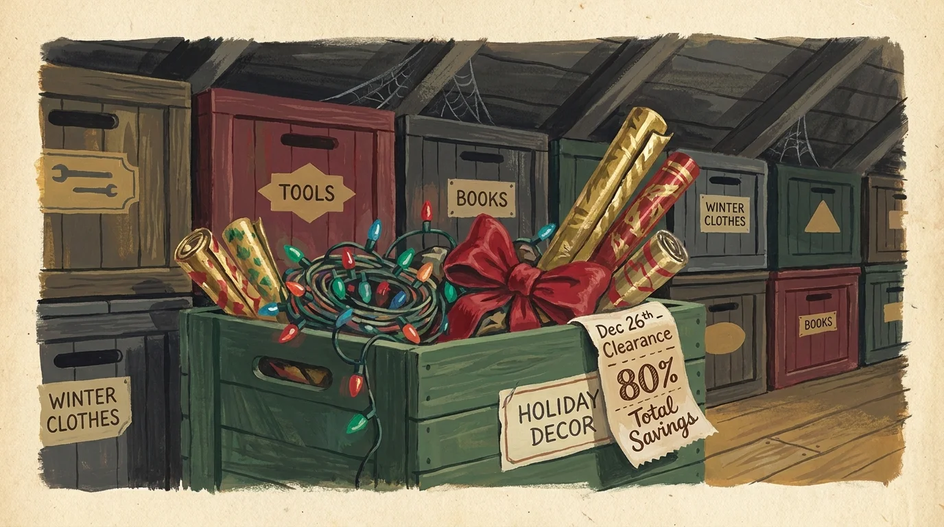 A stylized gouache painting of holiday decorations being stored away with a receipt showing 80% savings from a post-holiday sale.