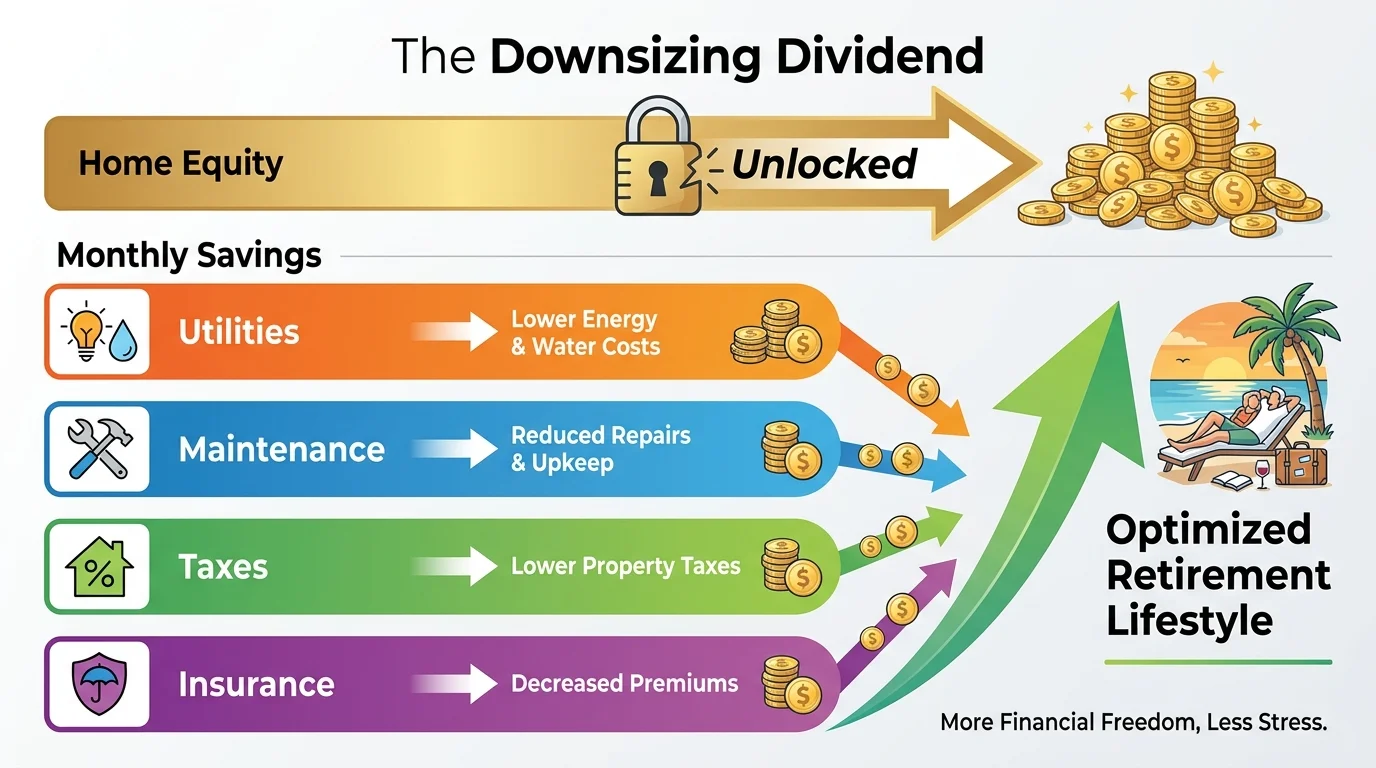 A summary infographic showing how home equity and monthly savings combine to create an optimized retirement lifestyle.