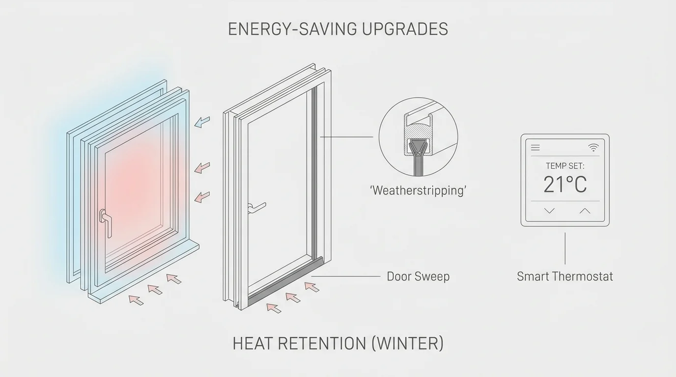 A technical diagram showing where weatherstripping and a smart thermostat can be installed to reduce home energy costs.