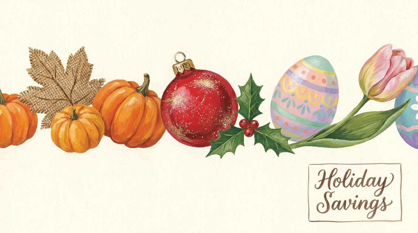 A textural gouache illustration showing a variety of seasonal decor items like pumpkins, ornaments, and Easter eggs.
