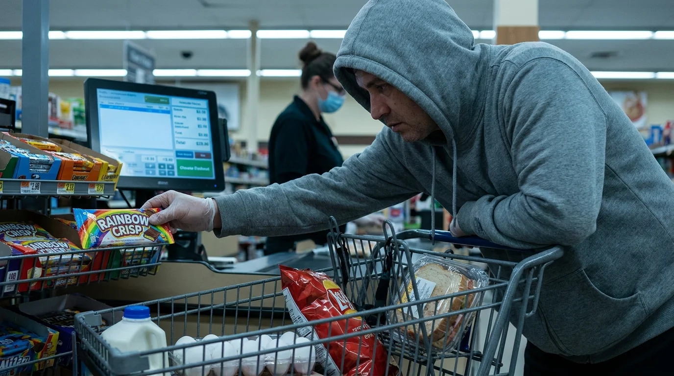 A tired shopper reaching for a candy bar at the checkout counter under flat grocery store lighting.