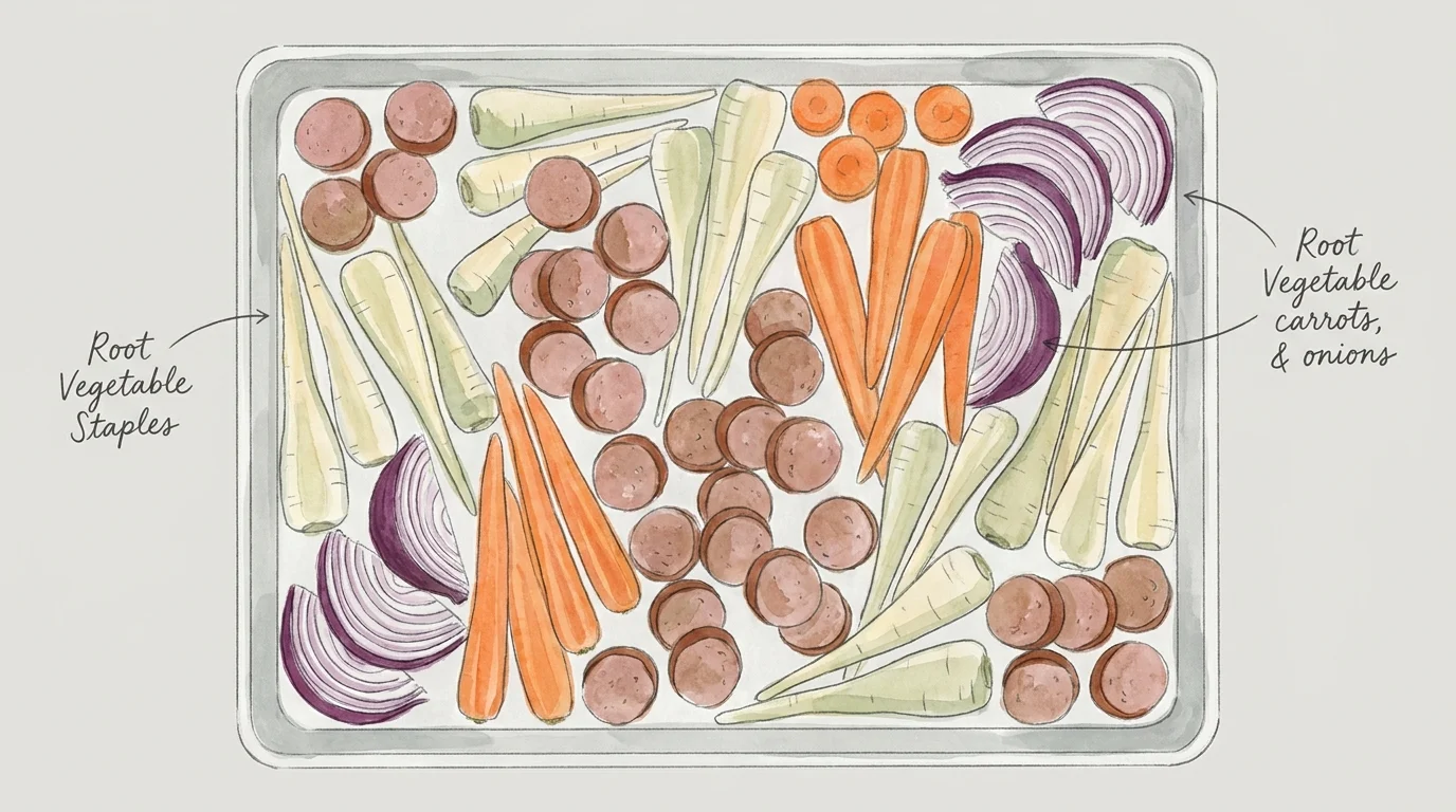 A top-down illustration of a sheet pan filled with roasted sausage and assorted root vegetables.