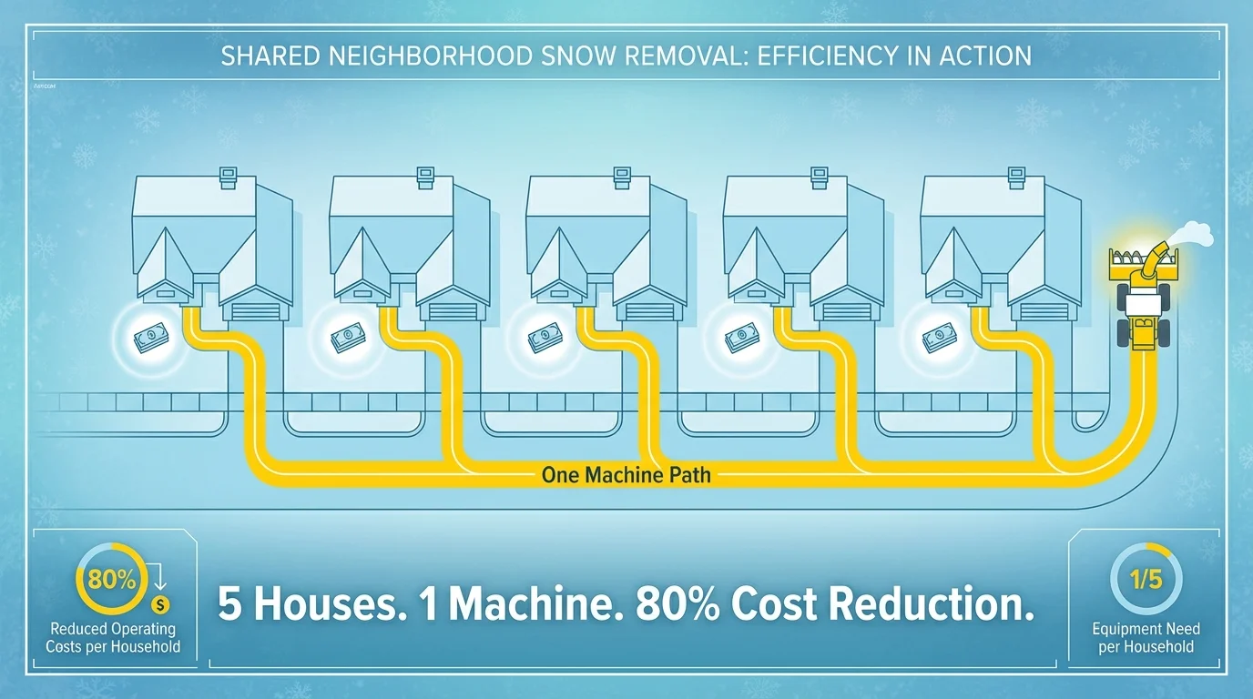 A top-down infographic showing a single snow blower's path clearing five different driveways on a street.