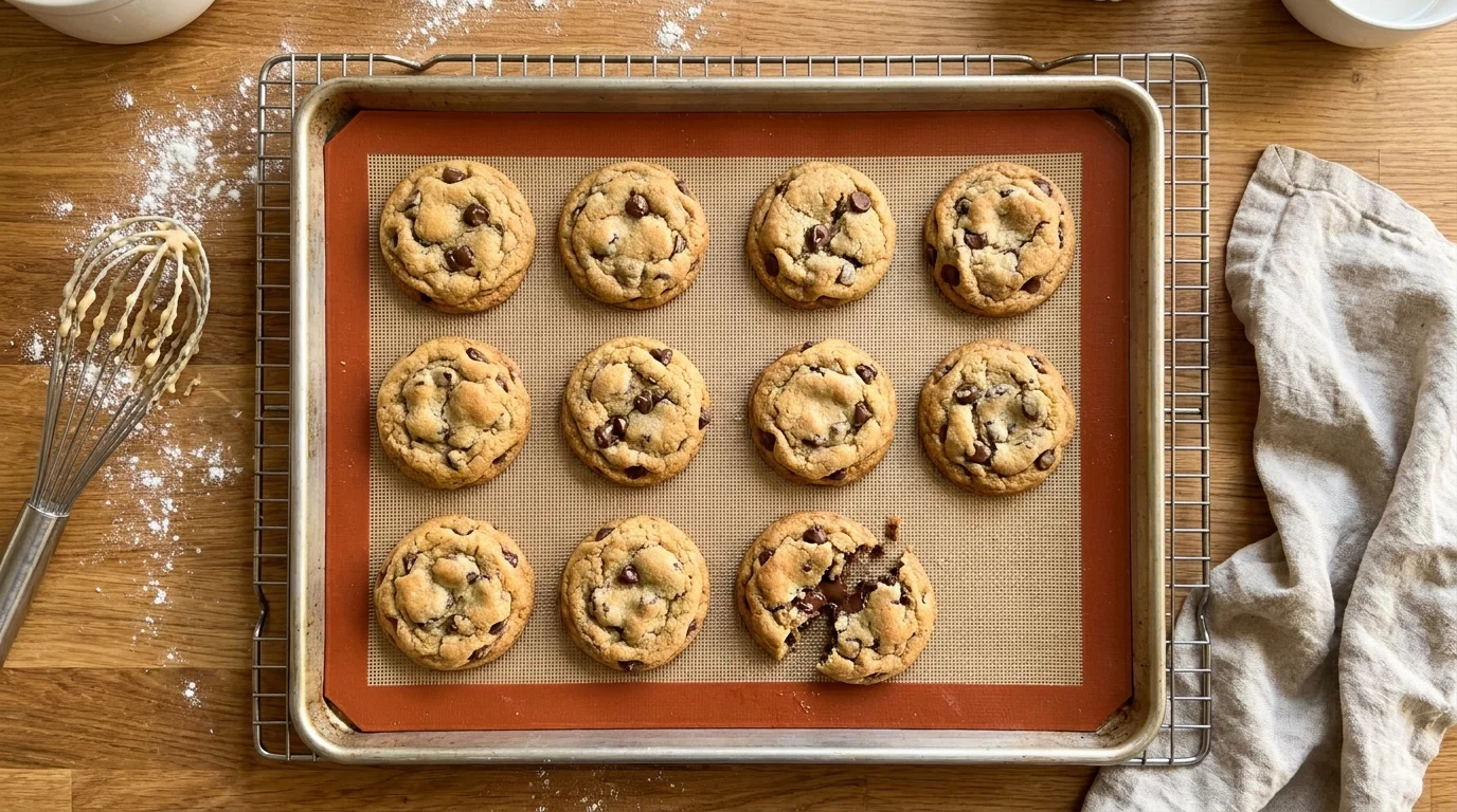 A top-down photo of freshly baked cookies on a reusable silicone baking mat.