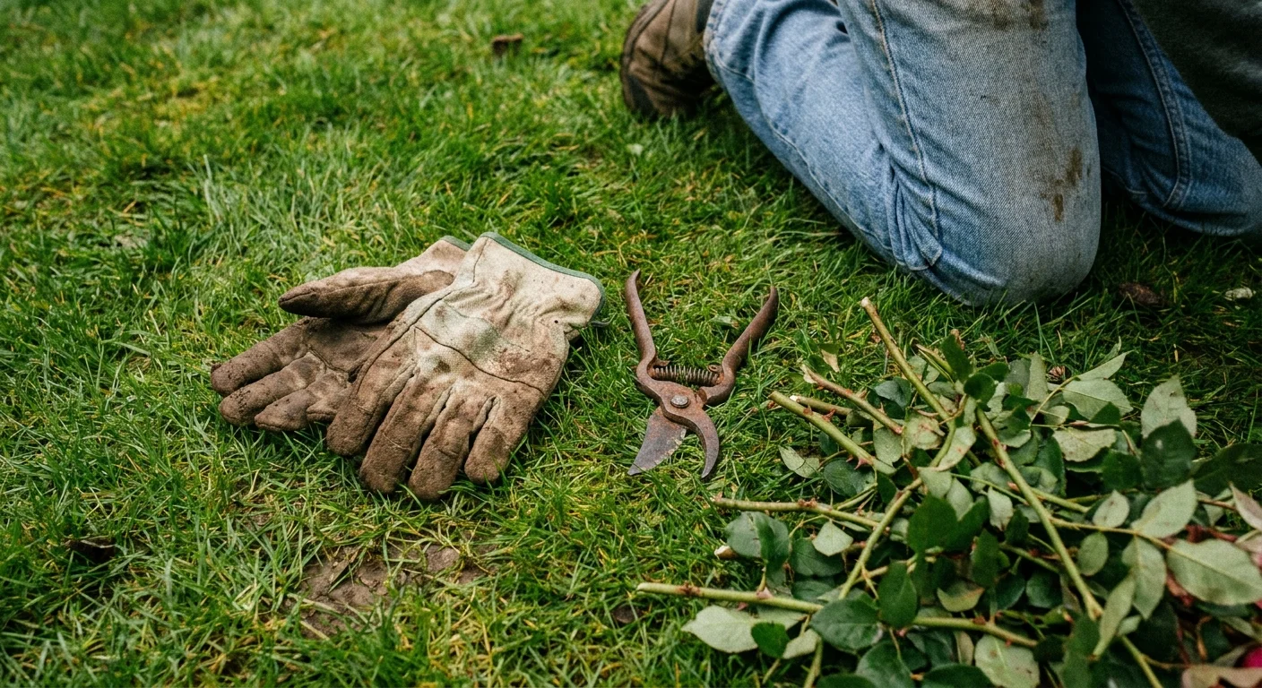 A top-down photo of gardening gloves and pruners on a lush green lawn during yard work.