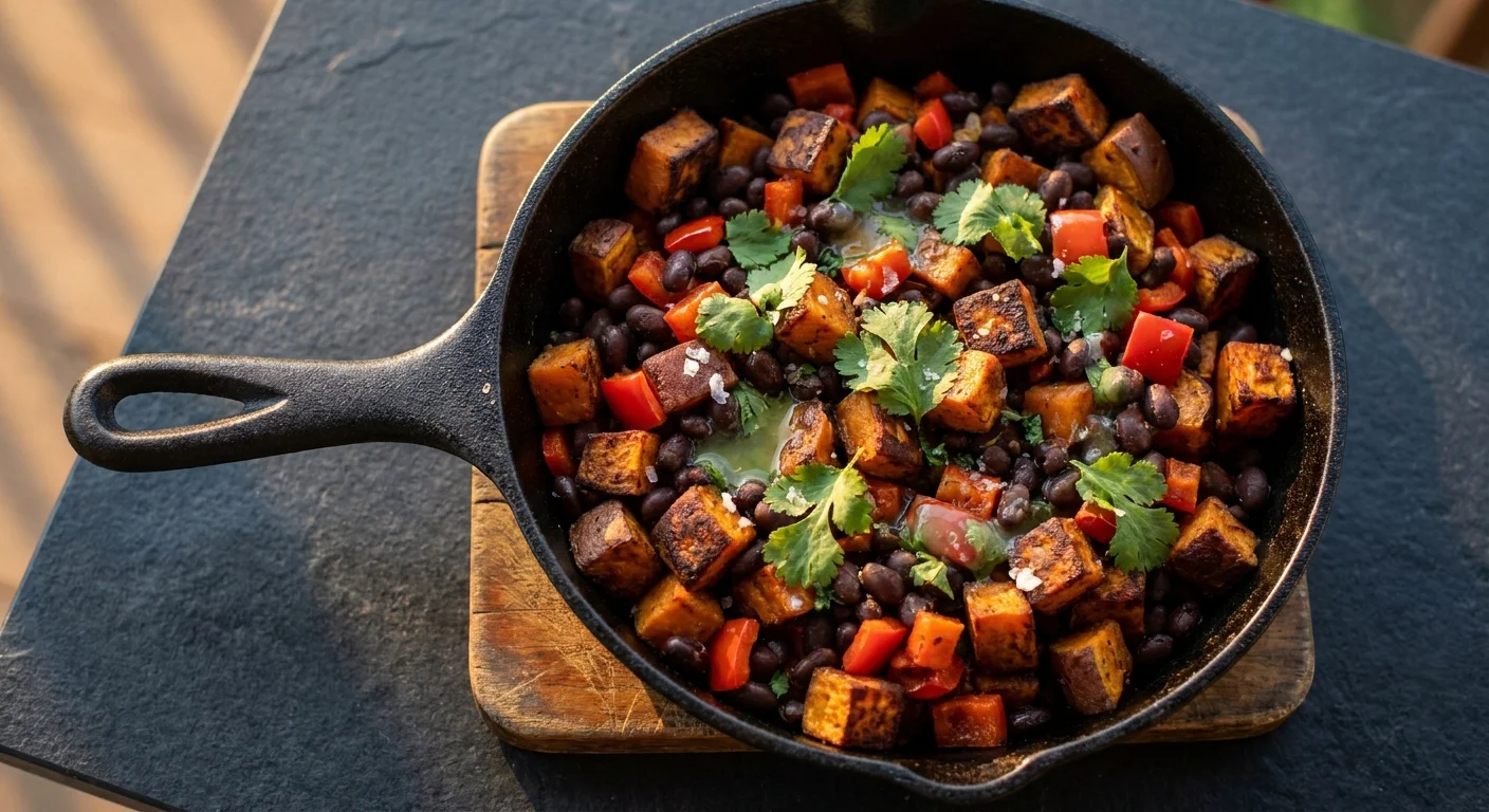 A top-down view of a cast iron skillet filled with colorful sweet potato and black bean hash.